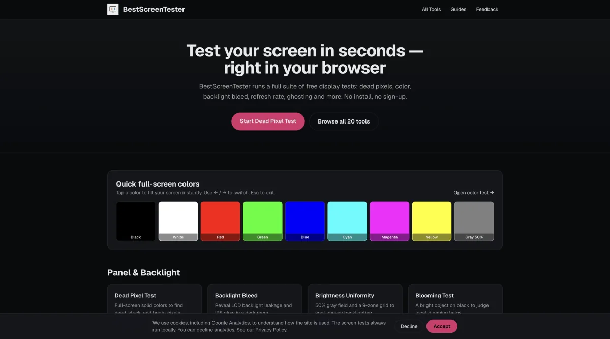 BestScreenTester homepage showing the suite of browser-based monitor and screen tests