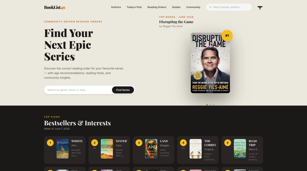 BookList4U homepage listing book series in publication and chronological reading order