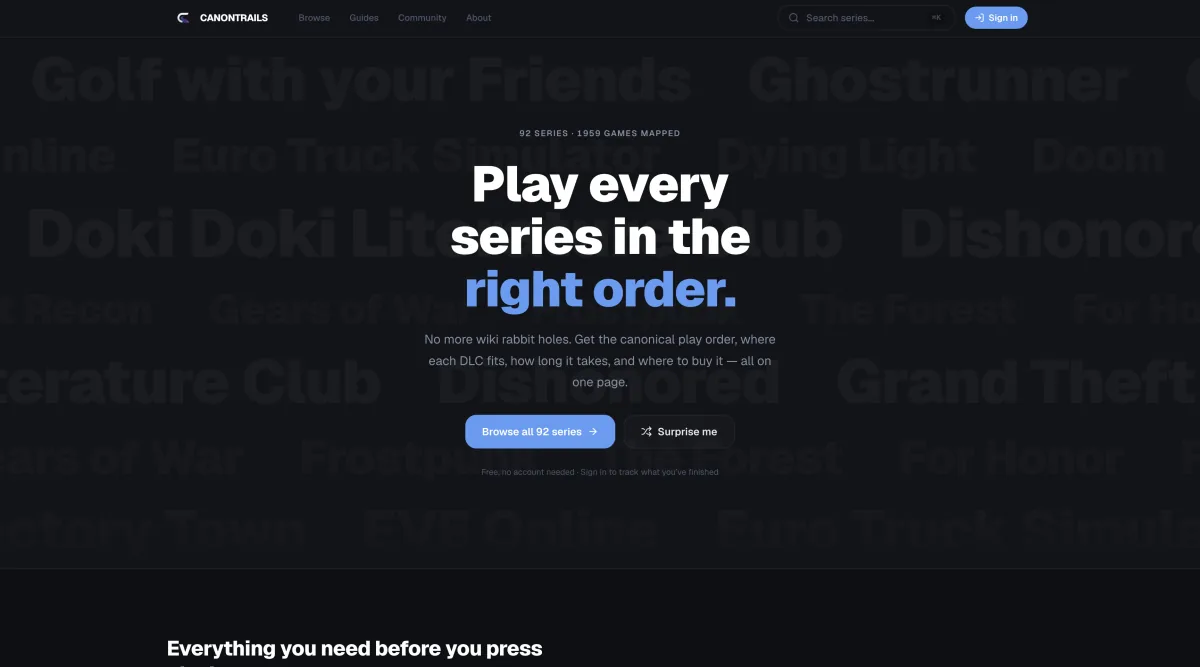 CanonTrails homepage showing the canonical play order for a video game series