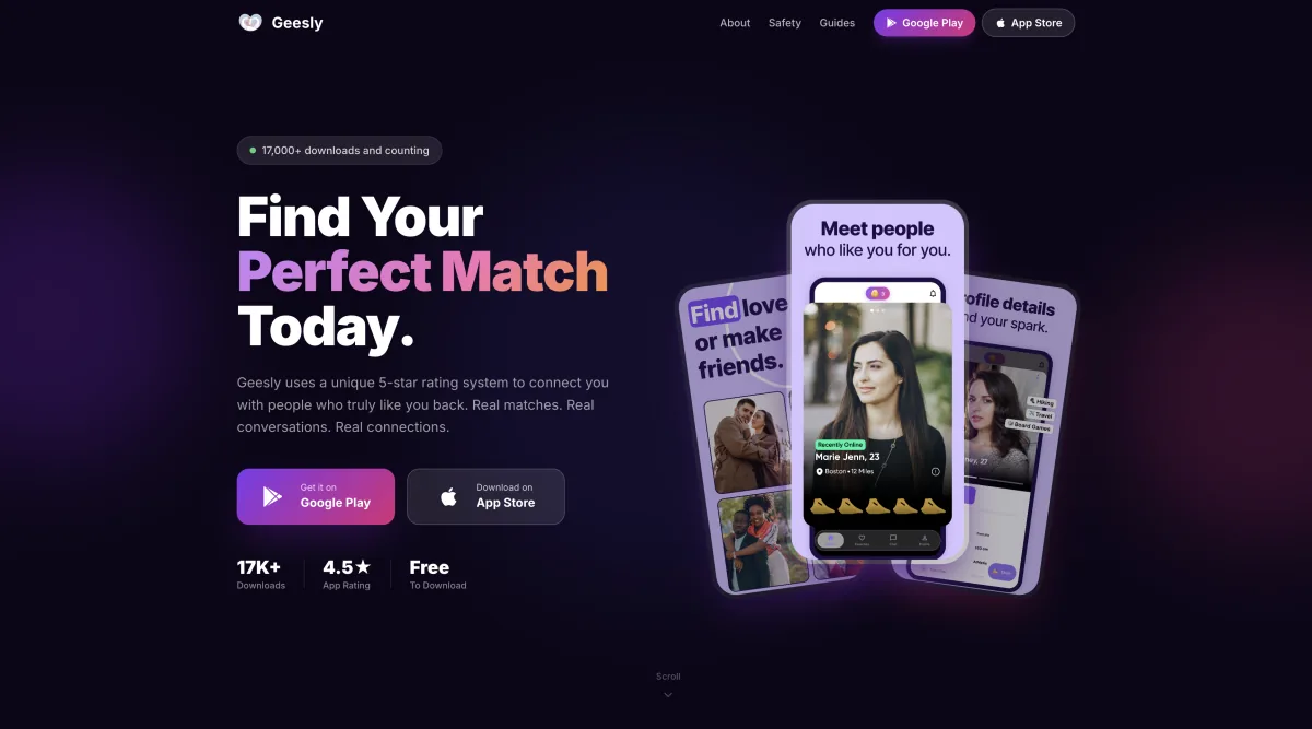 Geesly dating app interface showing real-time matching and profile discovery on mobile
