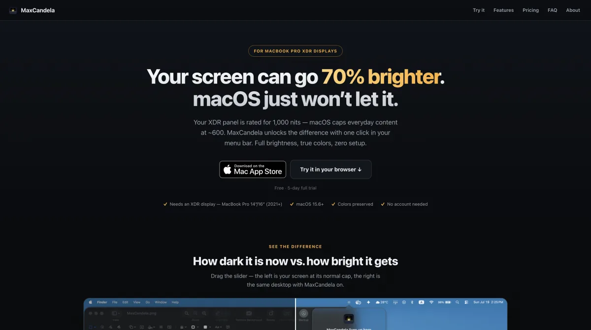 MaxCandela product page for the macOS menu-bar XDR display brightness utility