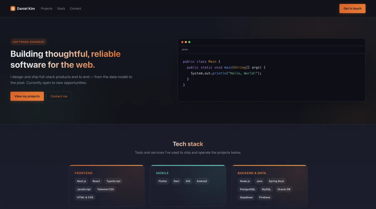 Daniel Kim's portfolio homepage with the hero section and tech stack grid